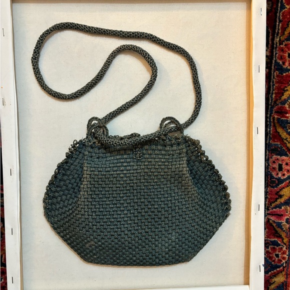 Vintage 1940s Woven Blue and Tan Purse - Picture 2 of 7